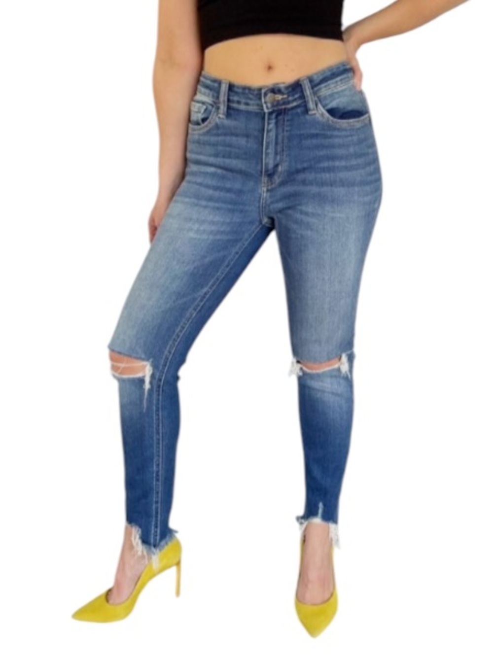 Altar’d State blue mid rise medium wash distressed raw hem skinny jeans size 28